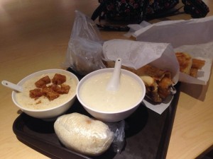 salty soy milk, sweet soy milk, thick shao bing Chinese donut wrap, rice tuan