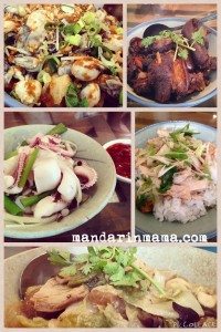 (top) fried oyster and Chinese donut, pig knuckles, squid with special sauce, chicken and scallioons, veggies 